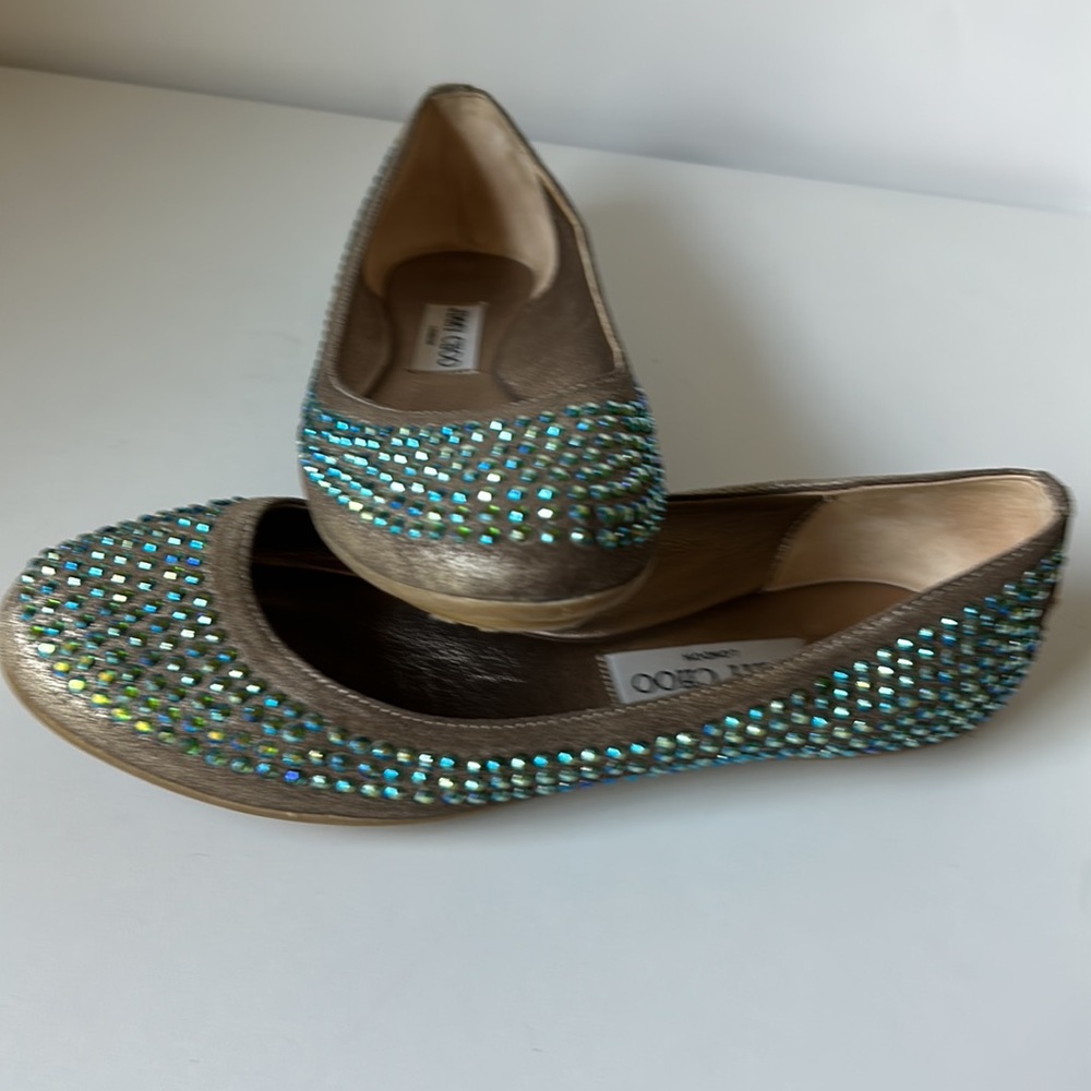 - Jimmy Choo London Flat Bronze leather  Green and  blue rhinestone size 36.5